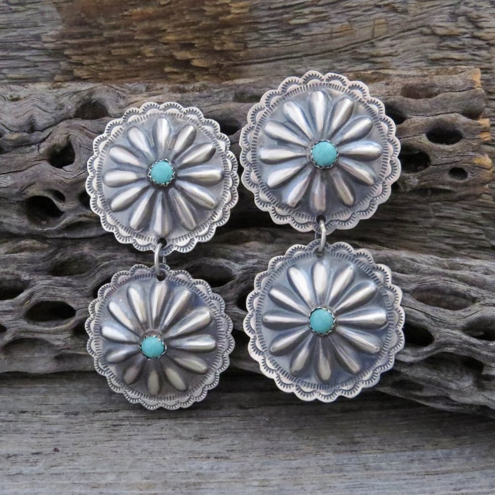 Navajo Turquoise Sterling Silver Double Concho Large Dangle Post Earrings